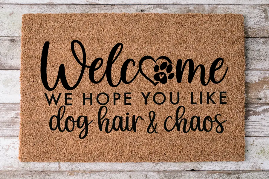 Door mat 30x18 coir with black Welcome text and dog hair & chaos by DecoExchange on Tampa Home & Garden Store
