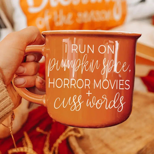 Pumpkin and Horror Mug orange ceramic 14oz Gia Roma with white script text on Tampa Home & Garden Store