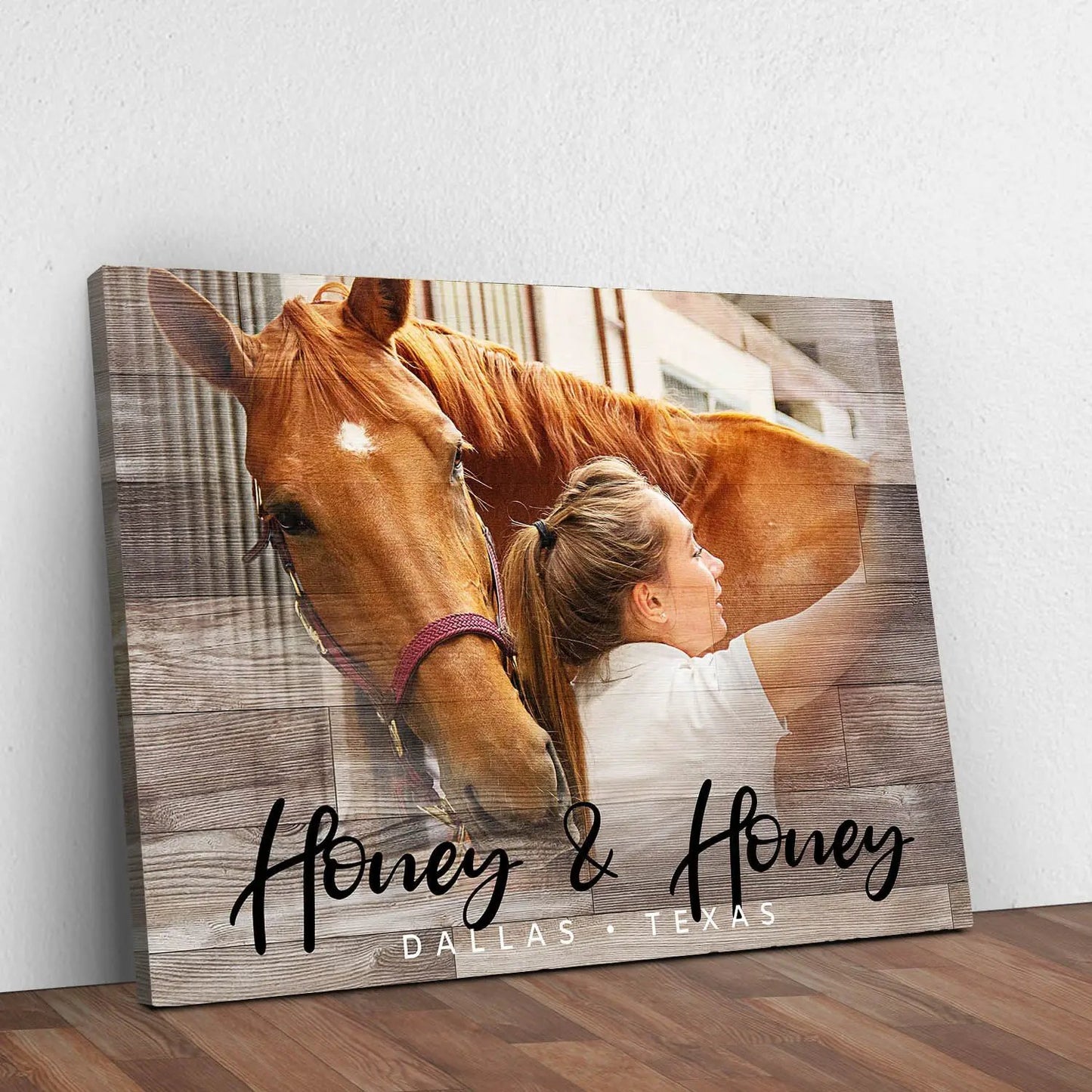Canvas wall art: chestnut horse with a smiling woman on rustic wood background, Tailored Canvases on Tampa Home & Garden Store