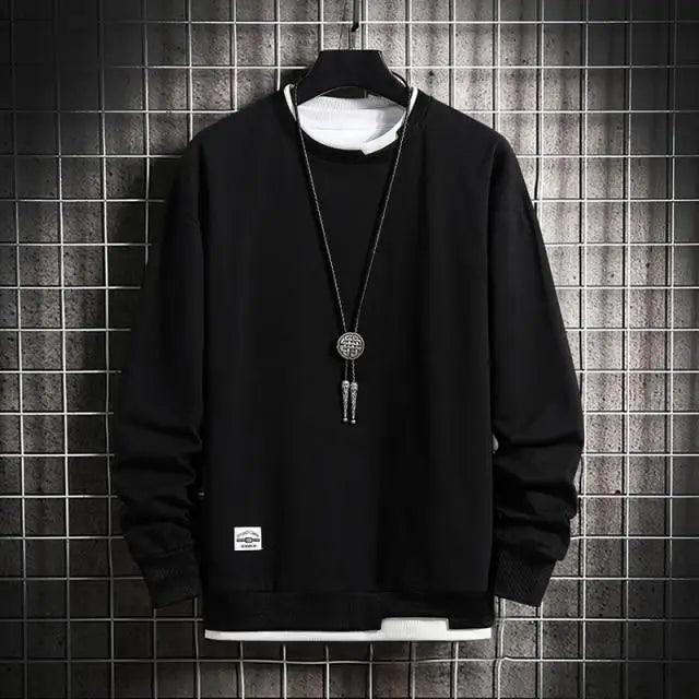 Stevvex men's black solid crewneck sweatshirt with white underlayer and pendant necklace on Tampa Home & Garden Store