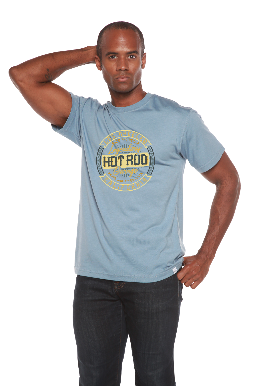 Mens light blue bamboo viscose organic cotton T-shirt with HOT ROD print by Spun Bamboo on Tampa Home & Garden Store