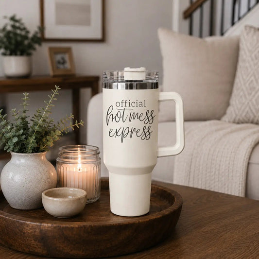Official Hot Mess Express 40oz tumbler white travel mug with secure lid Gia Roma on Tampa Home & Garden Store