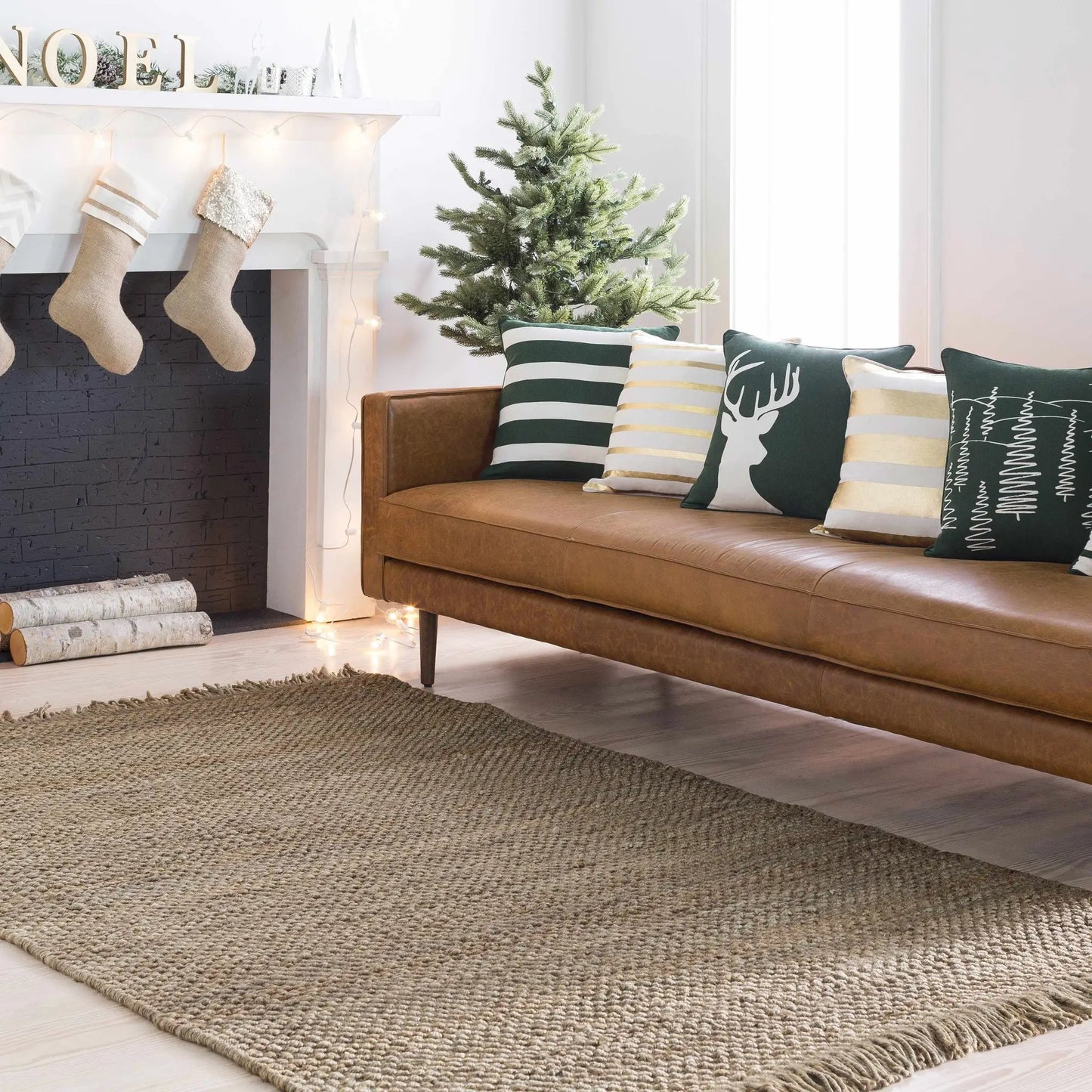 Hovland hand woven natural jute rag rug in a living room setup on Tampa Home & Garden Store