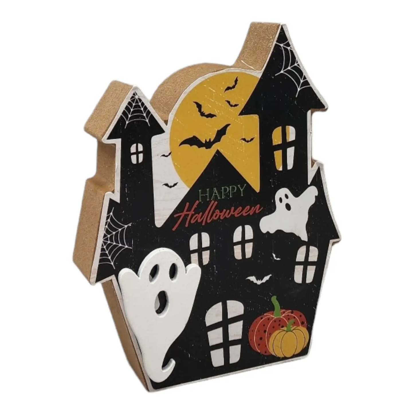 Halloween Wood Block Decor Haunted House with black silhouette, yellow moon and pumpkins on Tampa Home & Garden Store