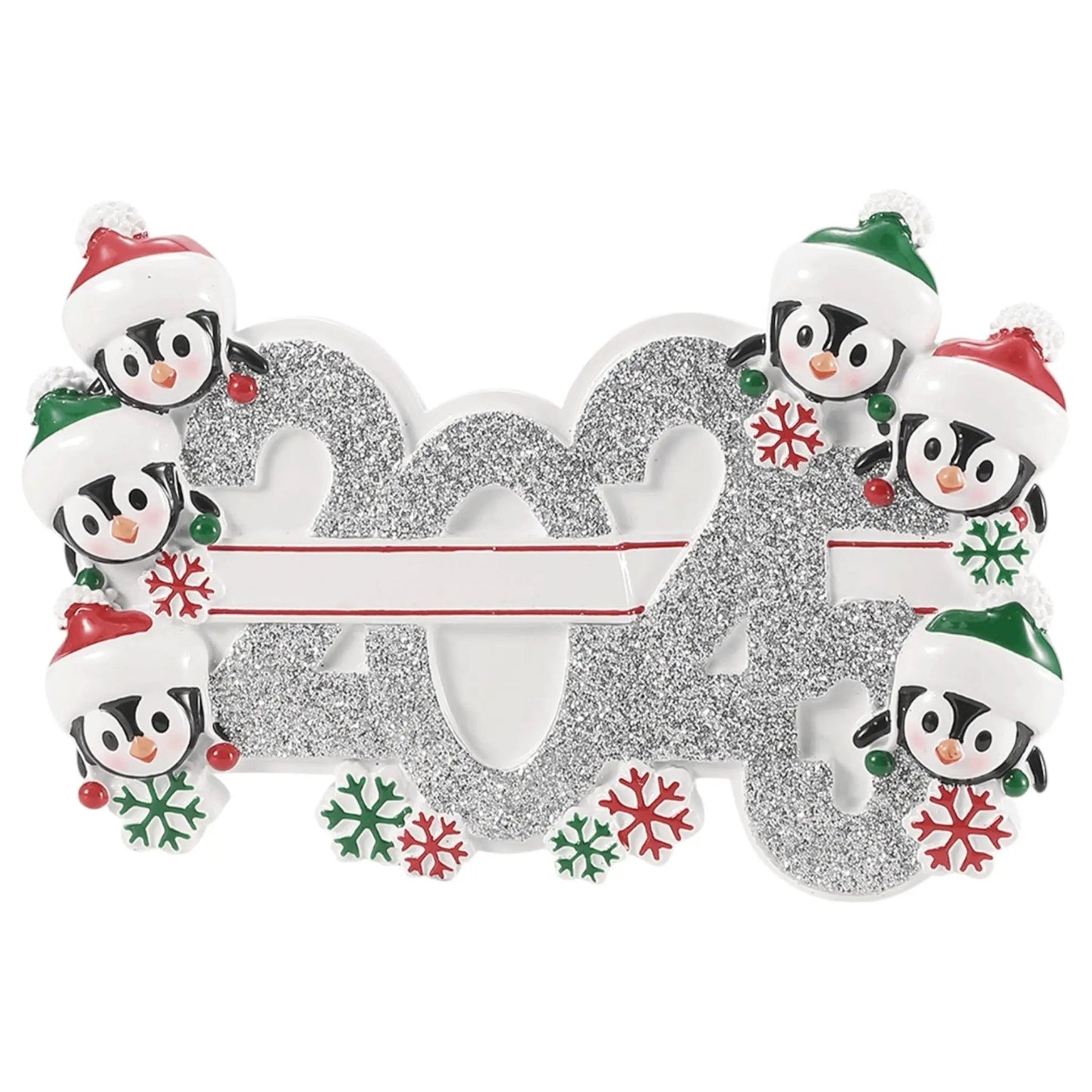 2025 Penguin Family of Six Ornament with glittery 2025 frame and penguins in red and green hats on Tampa Home & Garden Store