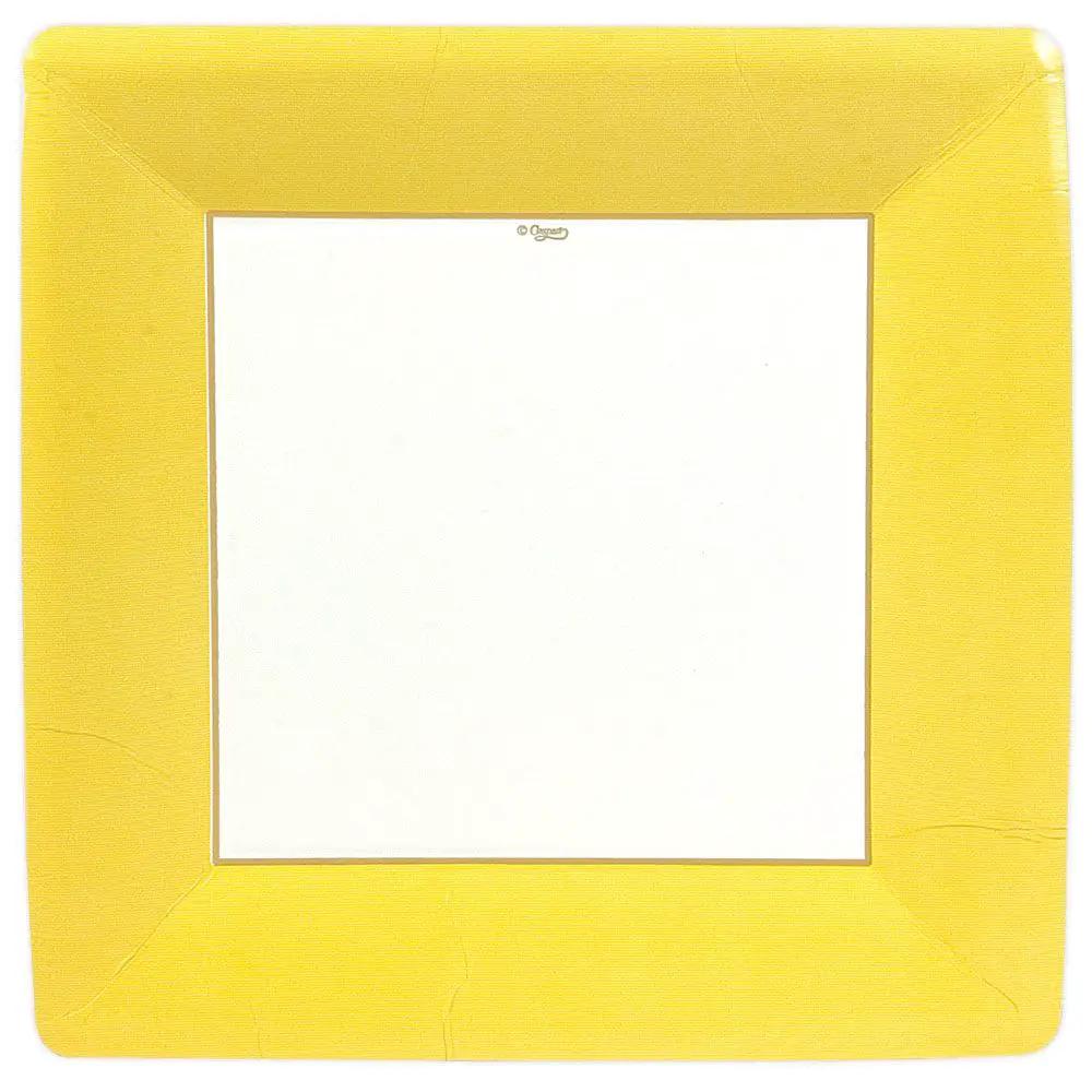 Caspari Grosgrain Border Yellow Dinner Plate square white center disposable on Tampa Home & Garden Store