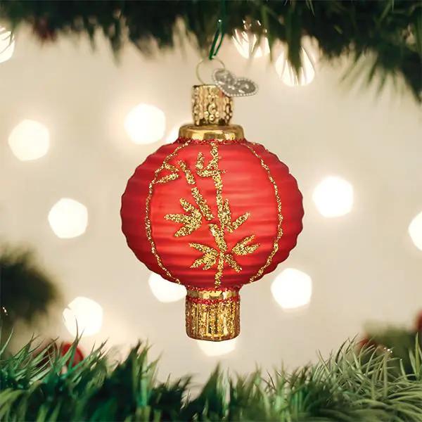 Chinese Lantern Glass Ornament red and gold with glitter pattern on Tampa Home & Garden Store