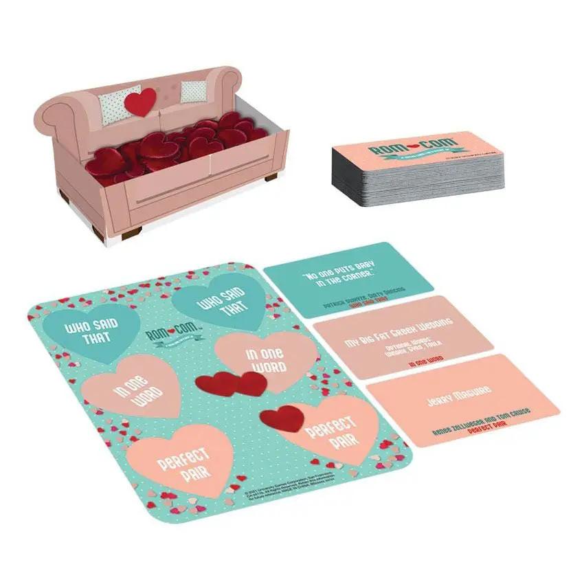 Rom Com Trivia Game card game by The Country Christmas Loft, pink loveseat prop with heart cards on Tampa Home & Garden Store