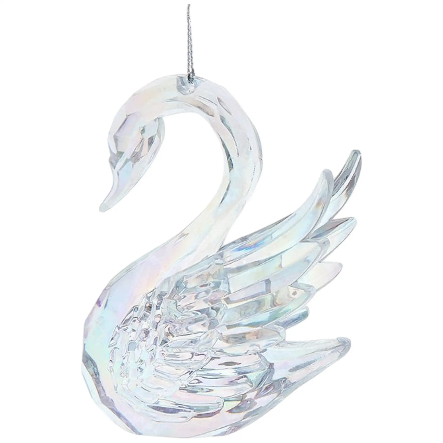 Elegant Clear Acrylic Swan Ornament hanging from a silver cord with a faceted crystal base 4 inches on Tampa Home & Garden Store