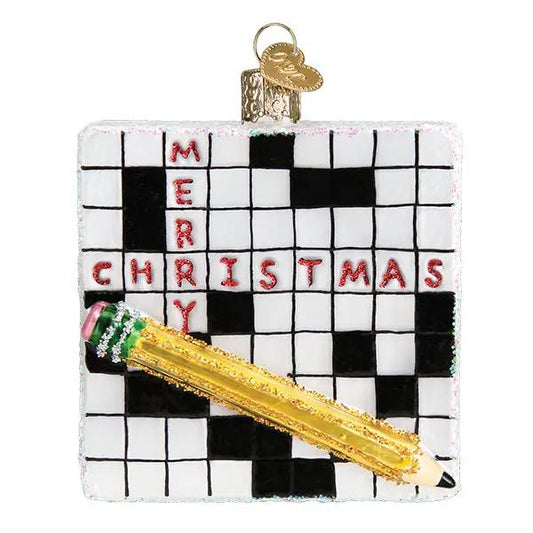 Crossword Puzzle Glass Ornament red Merry Christmas letters on black grid by Country Loft on Tampa Home & Garden Store