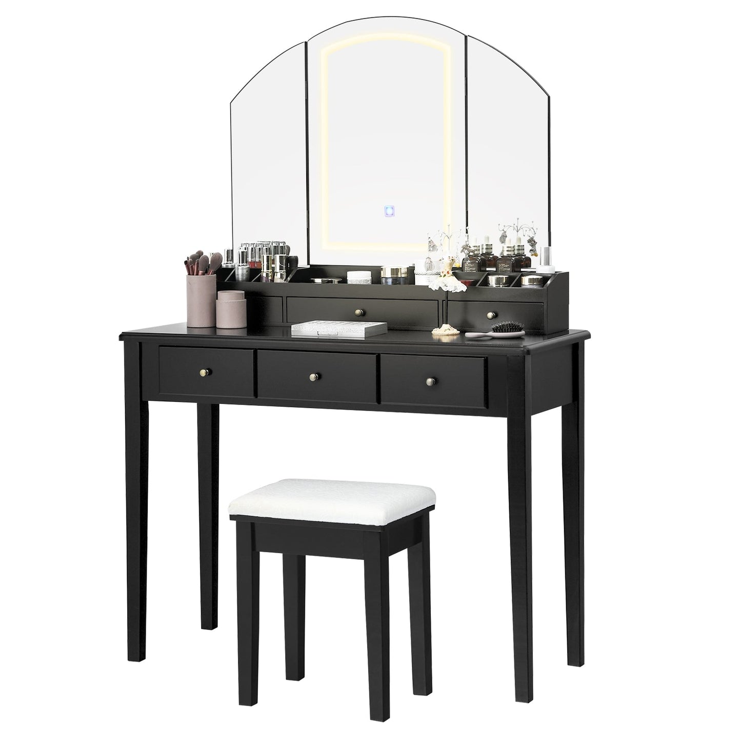 Juego de mesa y taburete para tocador con espejo triple iluminado grande - Negro