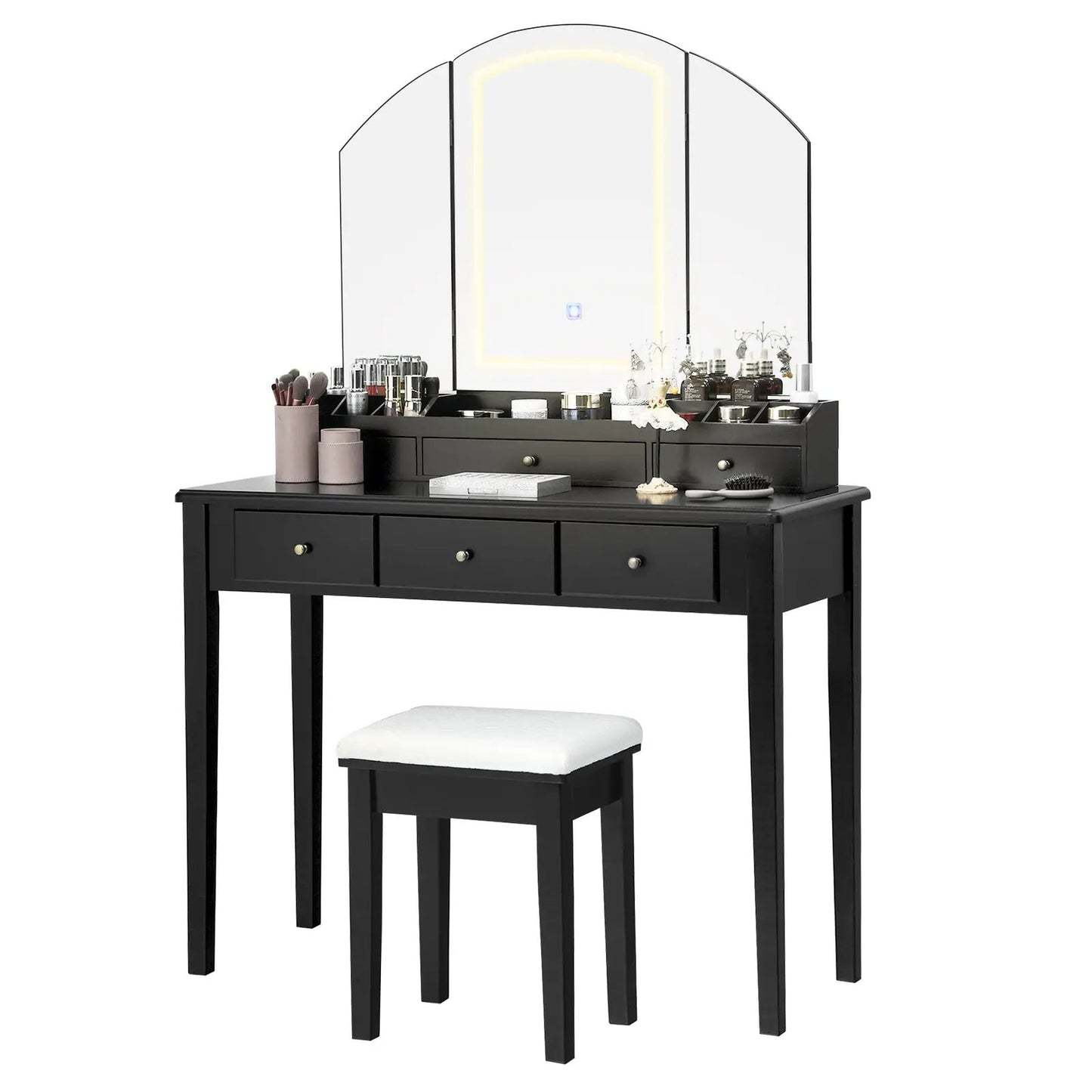 Vanity Table Stool Set with Large Tri-folding Lighted Mirror-Black - Tampa Home & Garden Store