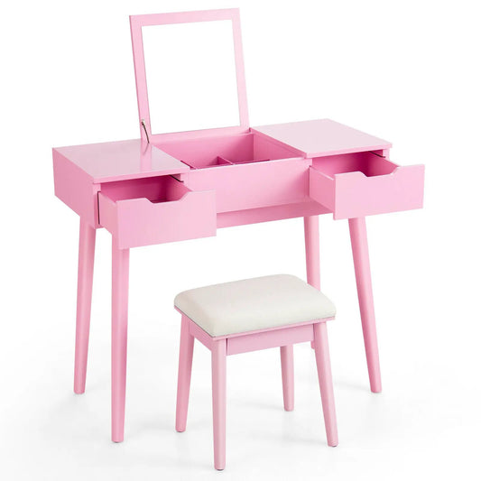 Pink makeup vanity table set with flip-top mirror, two drawers, and cushioned stool on Tampa Home & Garden Store