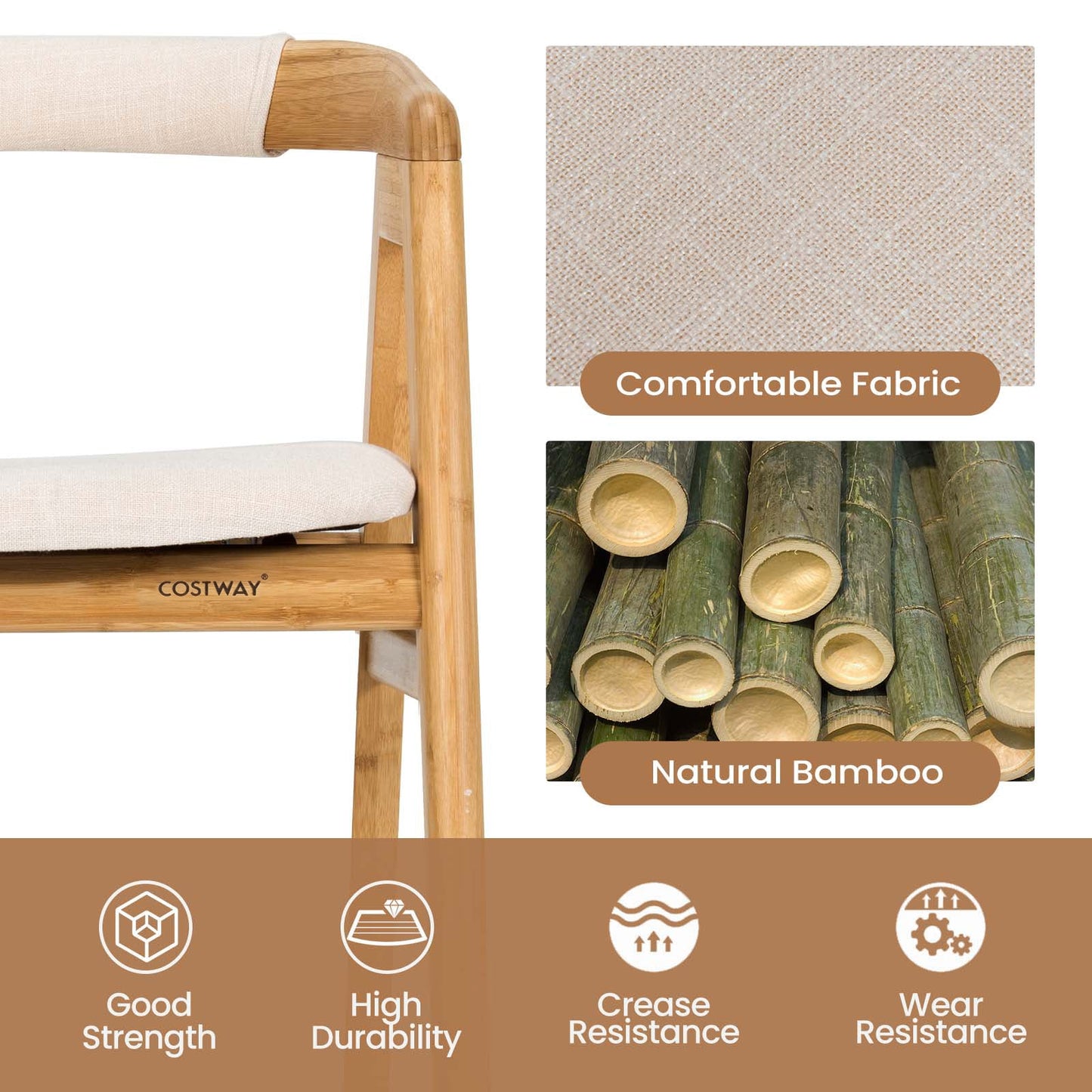 Silla de comedor de bambú Leisure con respaldo curvo y almohadillas antideslizantes para los pies - Natural