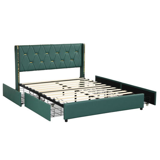 Full/Queen Size Upholstered Bed Frame with 4 Drawers-Green-Full Size - Tampa Home & Garden Store