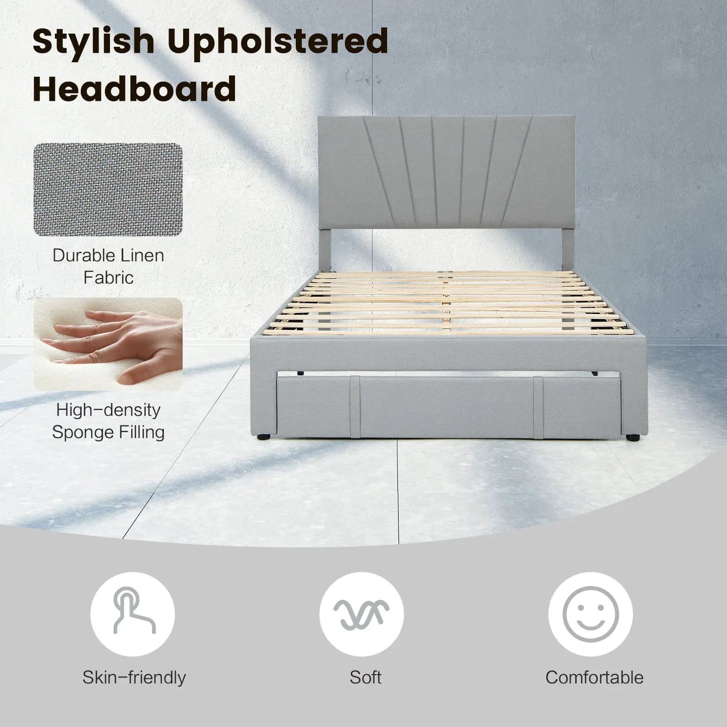 Upholstered bed frame with drawer and headboard DirectDeals in grey linen fabric on Tampa Home & Garden Store