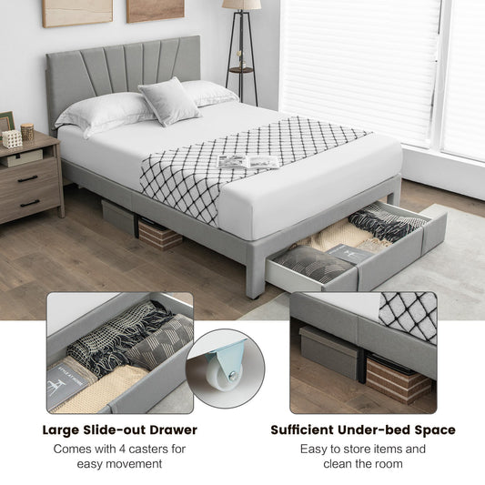 Full/Queen Size Upholstered Bed Frame with Drawer and Adjustable Headboard - Tampa Home & Garden Store