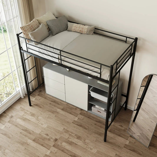 Twin loft bed frame black metal with guardrails and ladders over a white dresser on Tampa Home & Garden Store