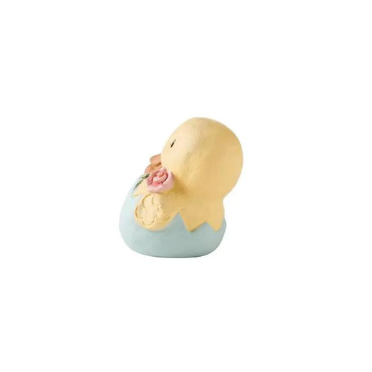 Roseline Duckling Figurine in Eggshell, yellow duckling on pale blue eggshell, pink flower on Tampa Home & Garden Store