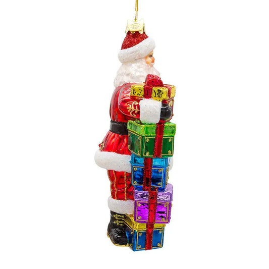 Bellissimo Glass Santa ornament with stacked gift boxes, red suit and white fur trim on Tampa Home & Garden Store