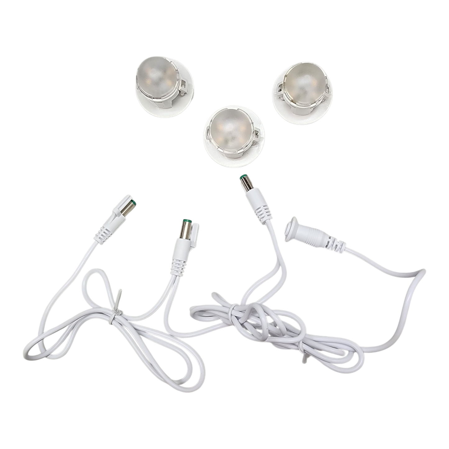 Three white LED Moonlander clip-light modules with frosted domes and attached cords on Tampa Home & Garden Store