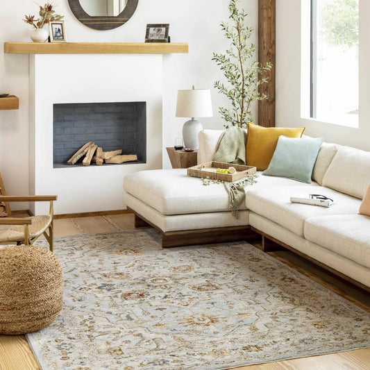Huguley Floral Cream Luxe Rug with oriental pattern in cream tones in living room on Tampa Home & Garden Store
