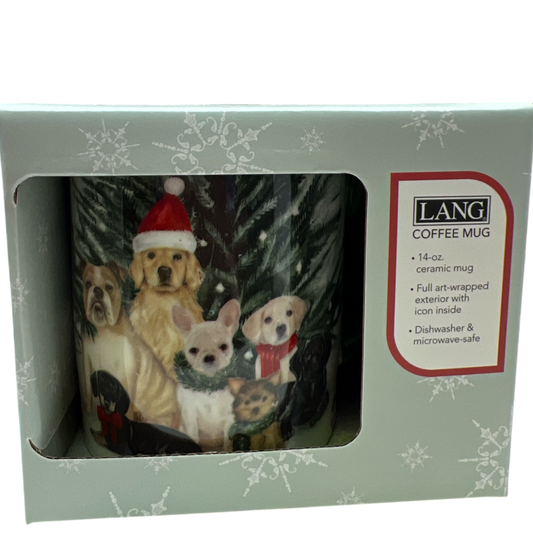 Unleashed Joy 14oz ceramic mug with holiday dogs design, full art-wrapped exterior on Tampa Home & Garden Store