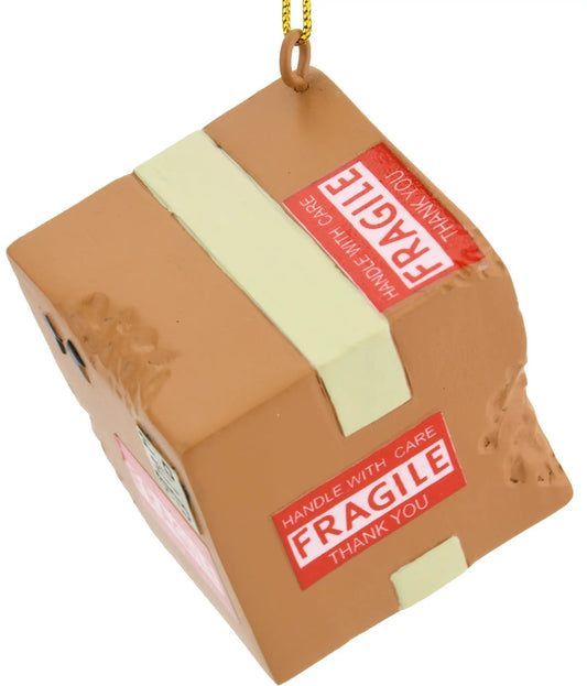 Damaged delivery ornament brown FRAGILE label cream tape gold cord The Country Christmas Loft on Tampa Home & Garden Store