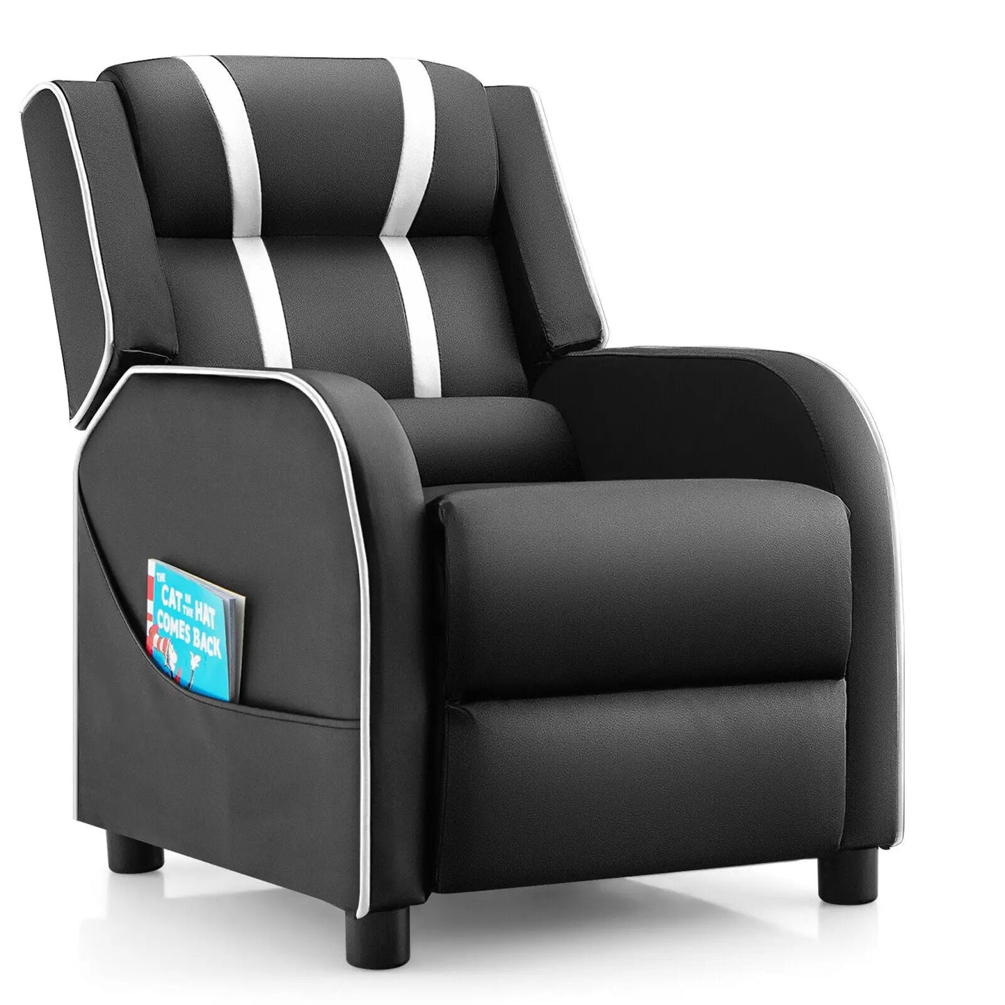 Kids recliner chair in black faux leather with white piping, built-in footrest and side pockets on Tampa Home & Garden Store