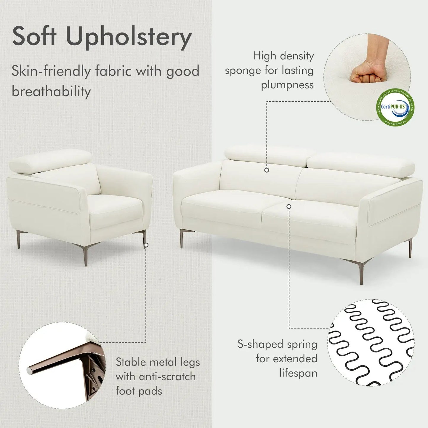Modern white couch sofa set with adjustable headrests for living room comfort on Tampa Home & Garden Store