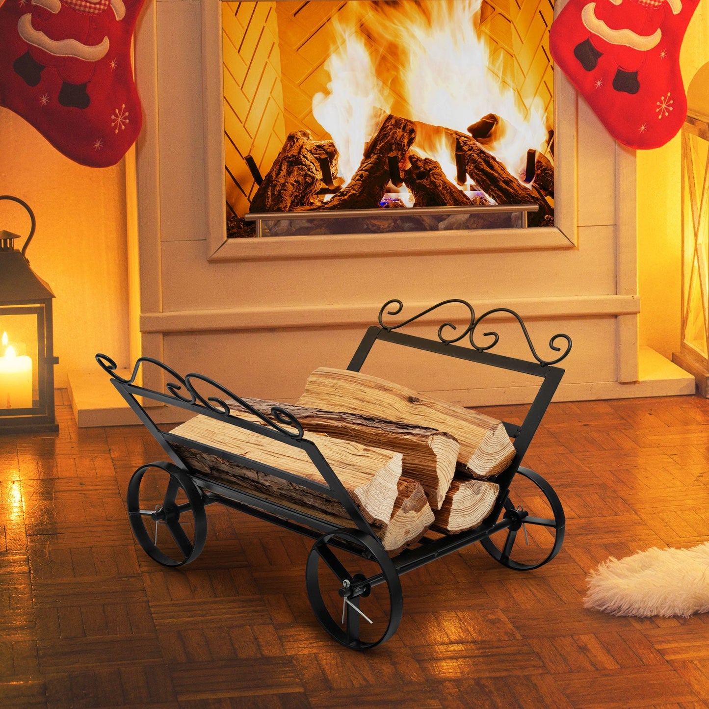 Soporte decorativo para leña de acero inoxidable con ruedas para chimenea