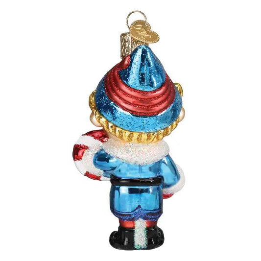 Hermey the Elf glass ornament with blue coat and blue-red hat, gold trim for Christmas on Tampa Home & Garden Store
