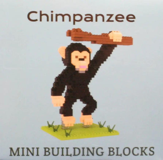 Mini Building Blocks Chimpamzee figure, black with beige hands on a green base holding brown branch on Tampa Home & Garden Store