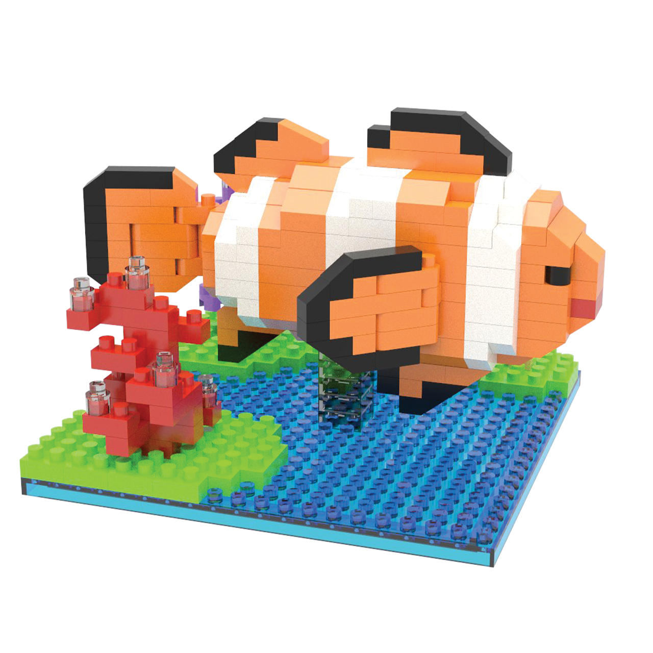 Mini Building Blocks Clown Fish Set orange white block sculpture on blue water base with coral on Tampa Home & Garden Store