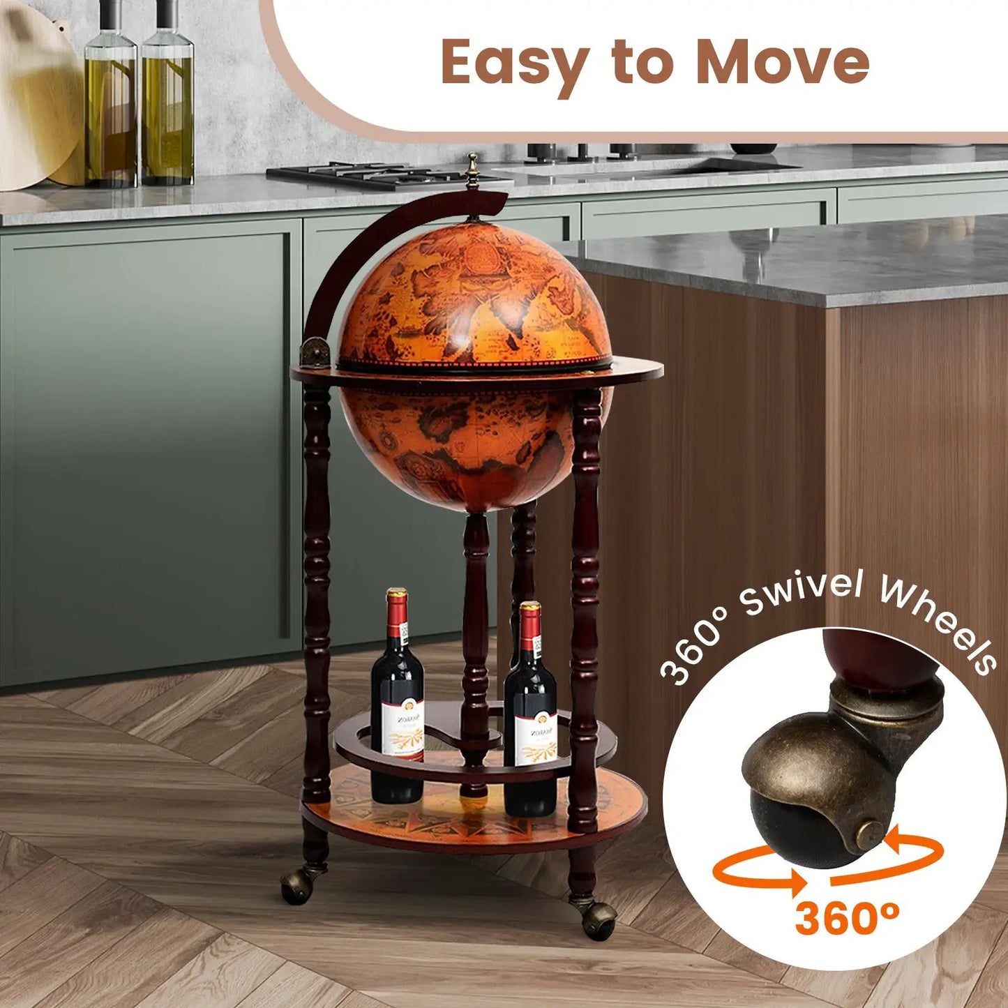 16th Century Wood Globe Wine Bar Stand with orange antique-map globe on wood pedestal and 4 bottles on Tampa Home & Garden Store