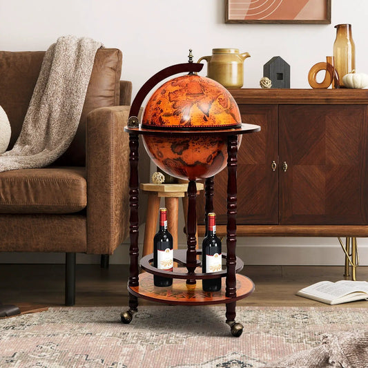 16th Century Wood Globe Wine Bar Stand orange globe on dark pedestal DirectDeals wine cabinet on Tampa Home & Garden Store