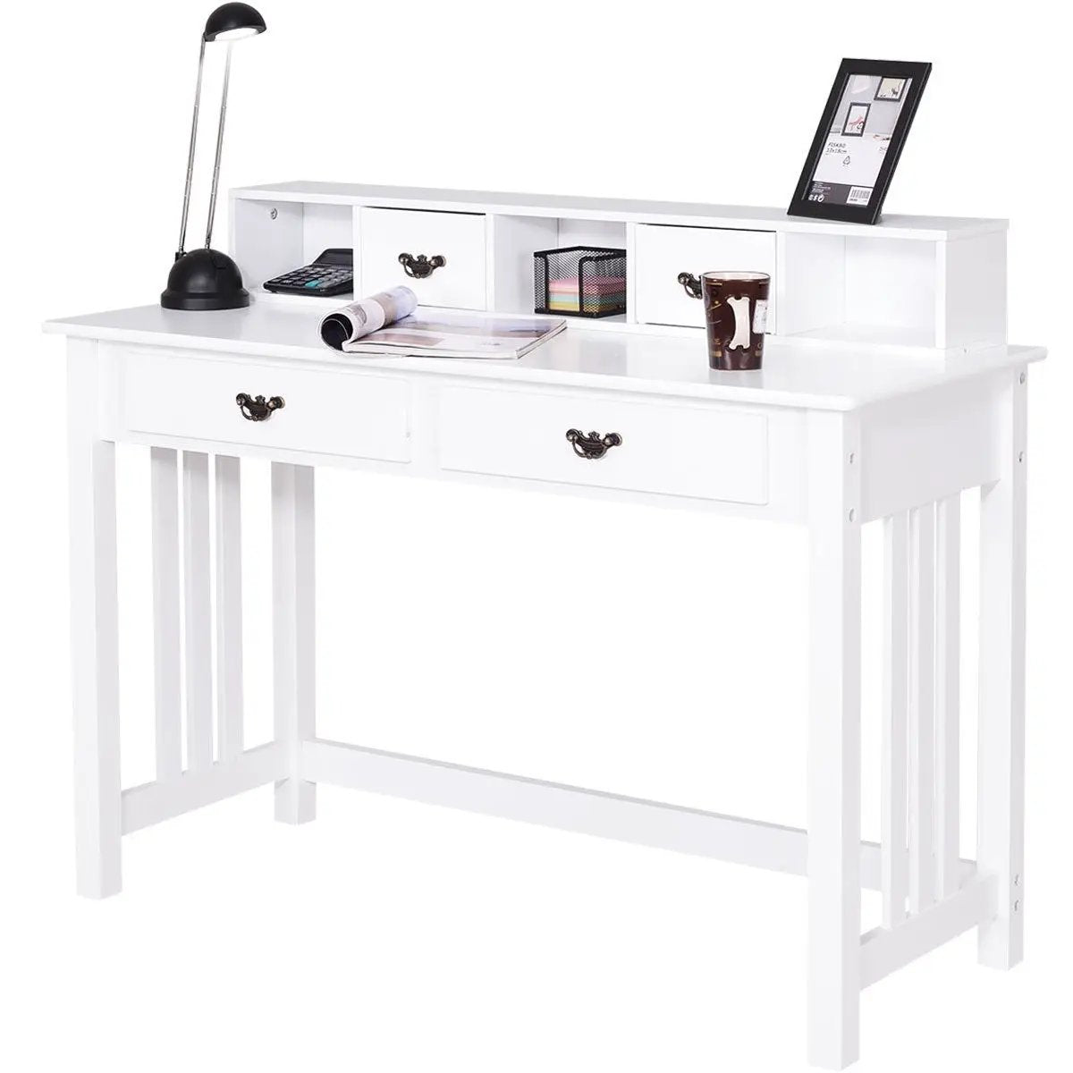 White DirectDeals home office writing desk with 4 drawers built-in top shelf and slatted legs on Tampa Home & Garden Store