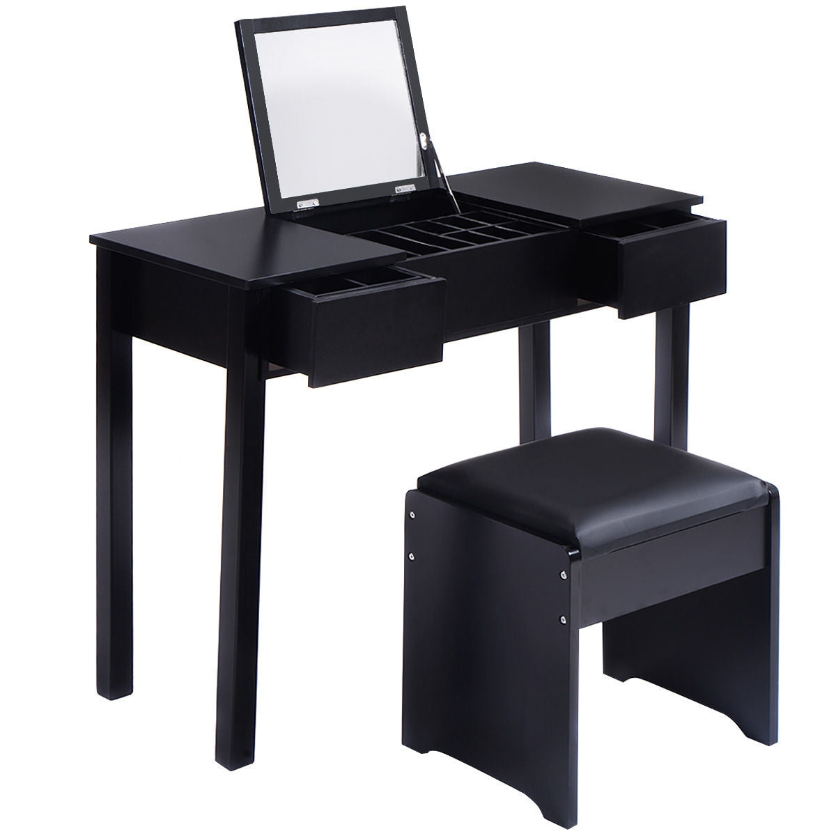 Vanity Makeup Dressing Table Set with Flip Top Mirror and Cushioned Stool-White