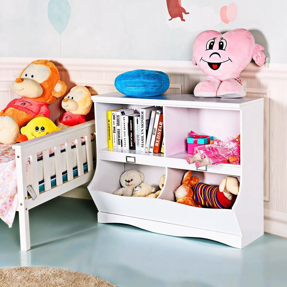Kids Toy Organizer and Bookshelf White with open cubbies and curved lower storage on Tampa Home & Garden Store