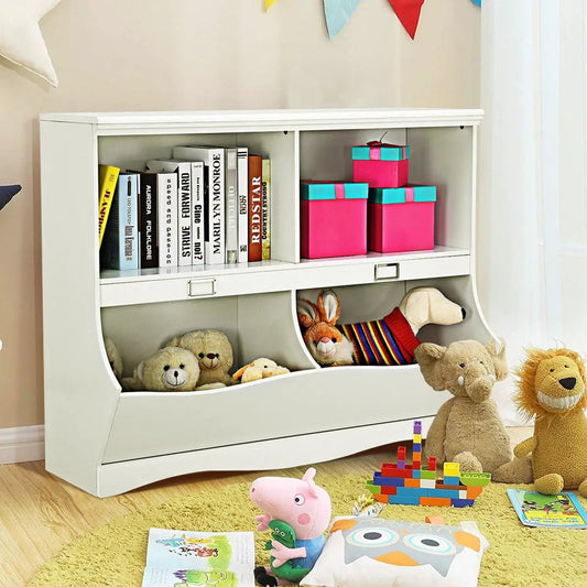 Kids toy organizer and bookshelf by DirectDeals with 2 upper shelves and curved cubbies on Tampa Home & Garden Store