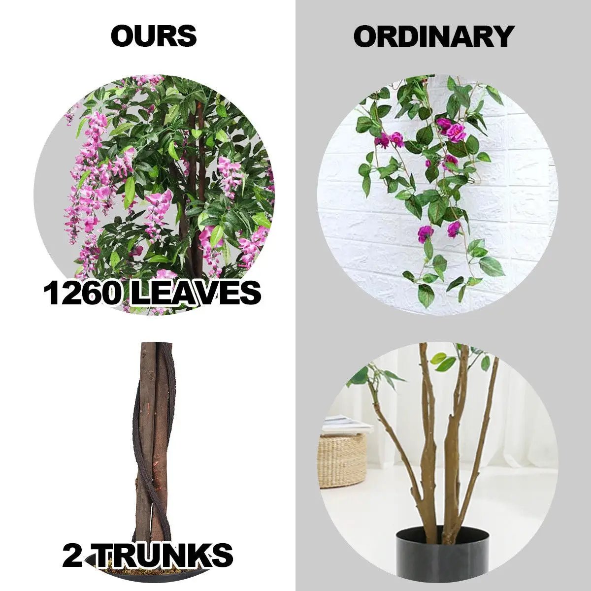 6 ft artificial wisteria silk indoor tree with pink blossoms, 2 trunks, 1260 leaves on Tampa Home & Garden Store