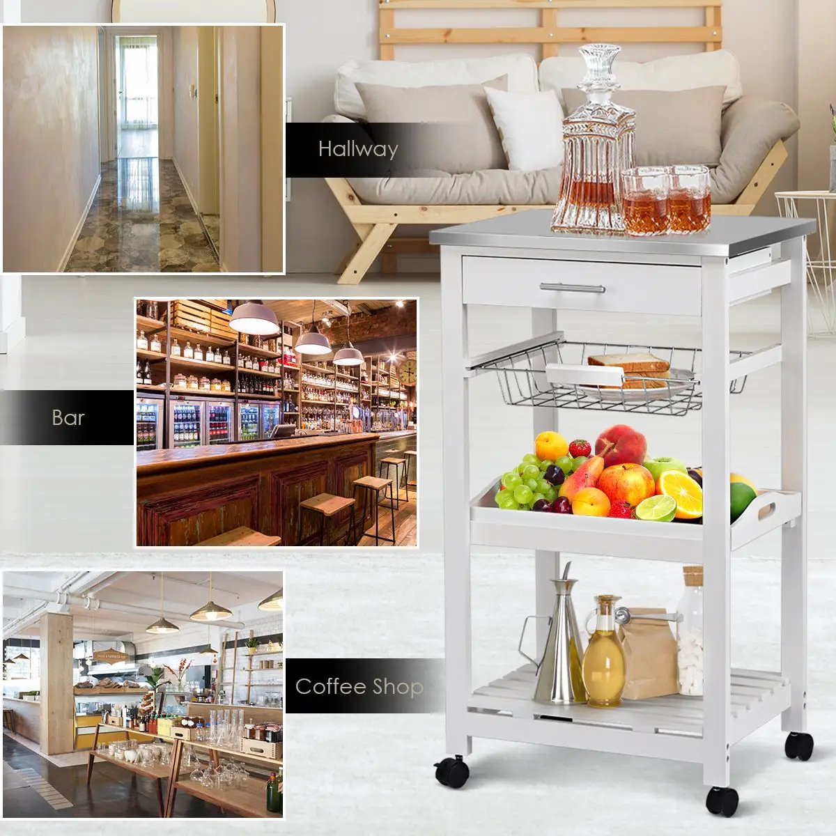 Kitchen Island Cart with stainless steel top, white frame, drawer and lower wire basket on Tampa Home & Garden Store