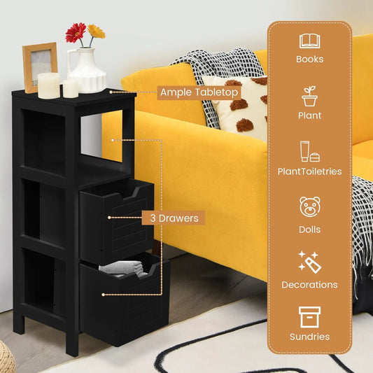 Floor Cabinet and Multifunction Storage Rack black wood with 3 drawers beside a yellow sofa on Tampa Home & Garden Store