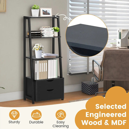 4-tier ladder bookshelf with drawers in black metal DirectDeals on Tampa Home & Garden Store