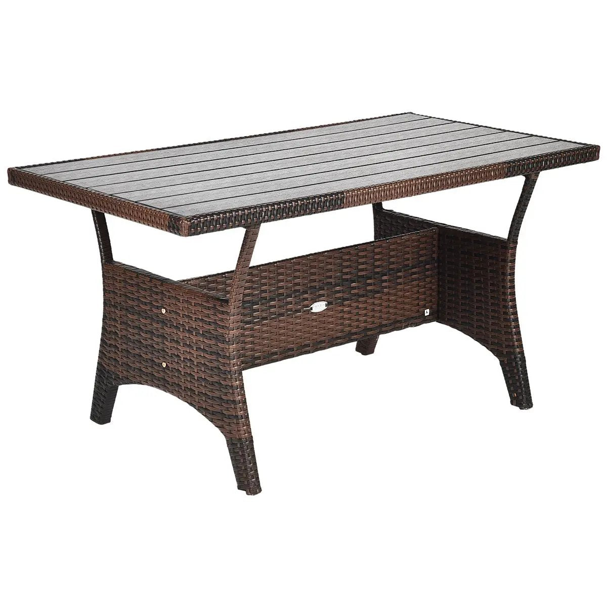 Hand-Woven Rattan Outdoor Dining Table in dark brown with slatted top and storage shelf on Tampa Home & Garden Store