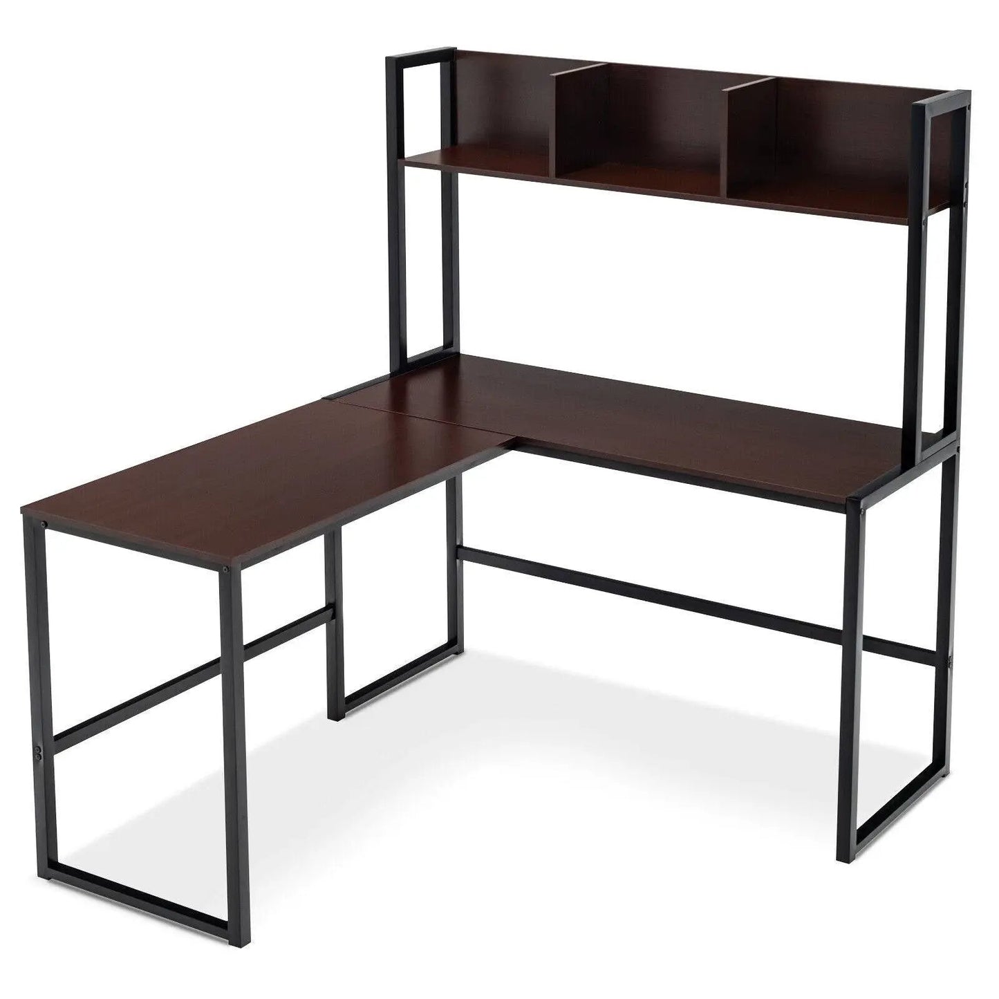 DirectDeals Reversible L-Shaped Desk with Storage Bookshelf, dark brown top, black metal frame on Tampa Home & Garden Store