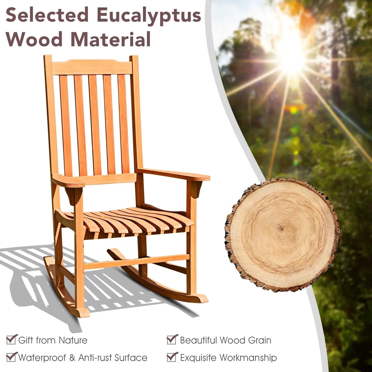 Outdoor Rocking Chair Single Rocker in eucalyptus wood by DirectDeals for patio on Tampa Home & Garden Store