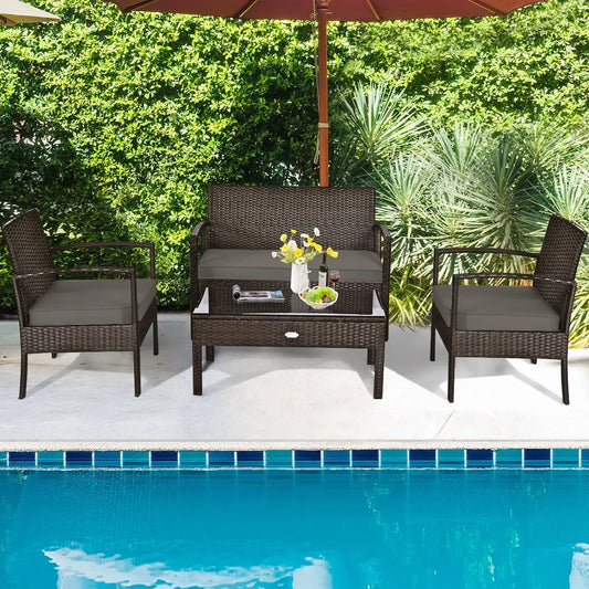 4 Pieces Patio Rattan Cushioned Furniture Set with Loveseat and Table -Brown - Tampa Home & Garden Store