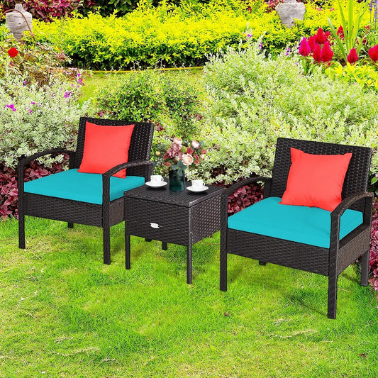 3 Piece PE Rattan Wicker Sofa Set with Washable and Removable Cushion for Patio-Turquoise - Tampa Home & Garden Store