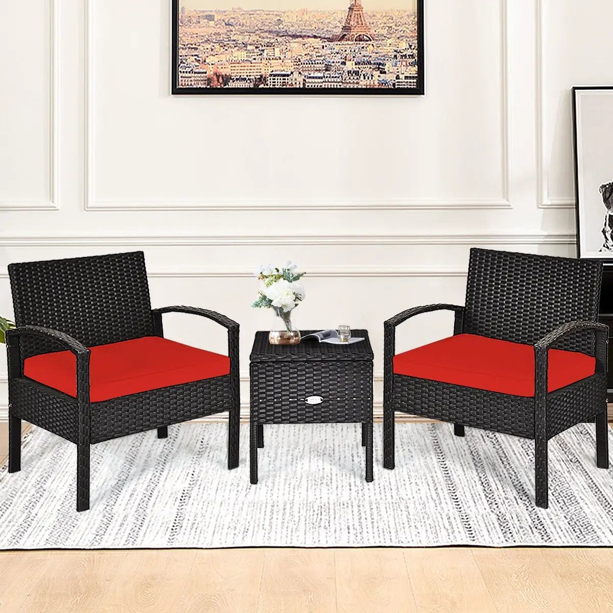 3 Piece Rattan Wicker Patio Set black with red cushions, 2 chairs and a table on Tampa Home & Garden Store